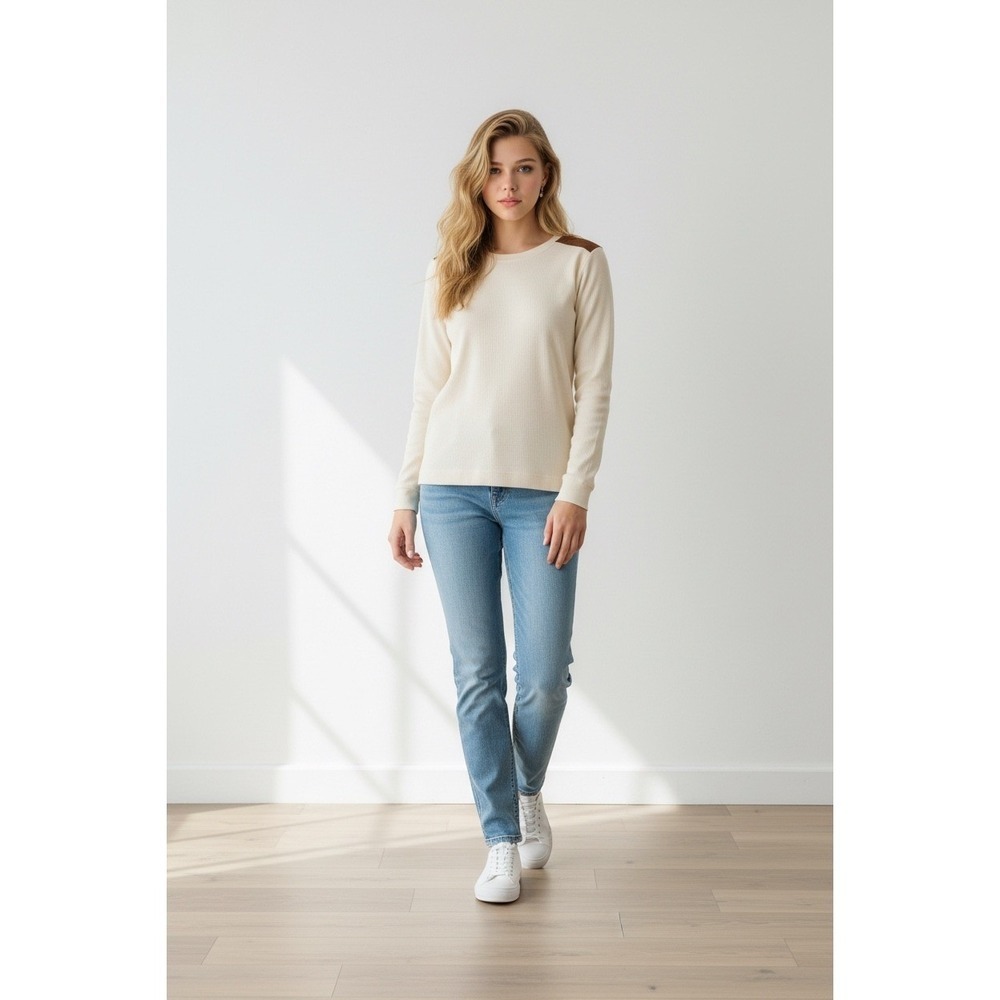 Lauren Ralph Lauren Cream Ribbed Knit Top Brown Elbow Patches XS